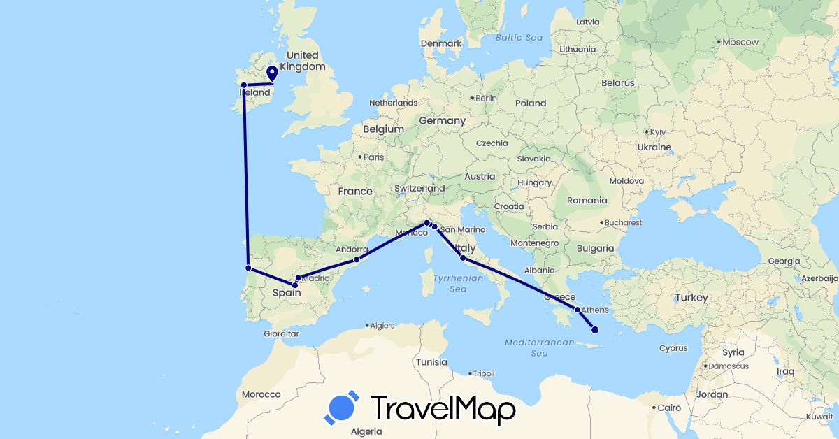 TravelMap itinerary: driving in Spain, Greece, Ireland, Italy, Portugal (Europe)